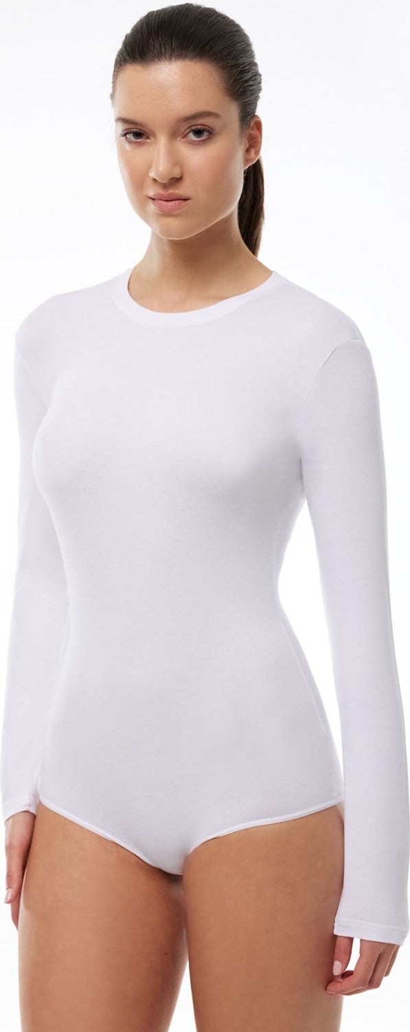 Malabadi Women's White Round Neck Long Sleeve Snap Modal Bodysuit 137  - Image 1