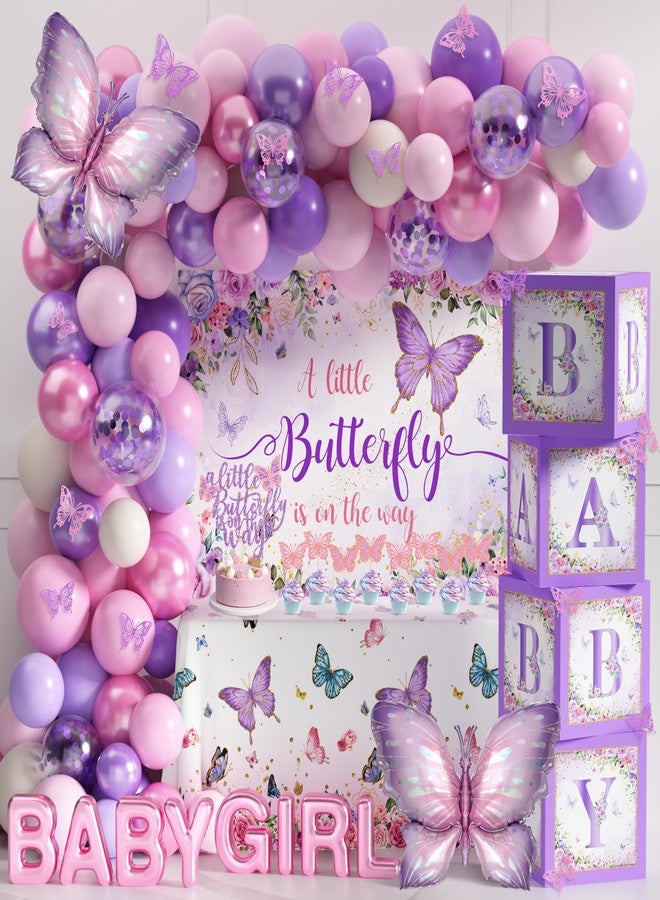 TREWAVE Butterfly Baby Shower Decorations for Girls A Little Butterfly Is On The Way Party Backdrop Butterfly Cake Toppers Stickers Pink Purple Balloons Baby Boxes for Girl Birthday Baby Shower Decor - Image 1