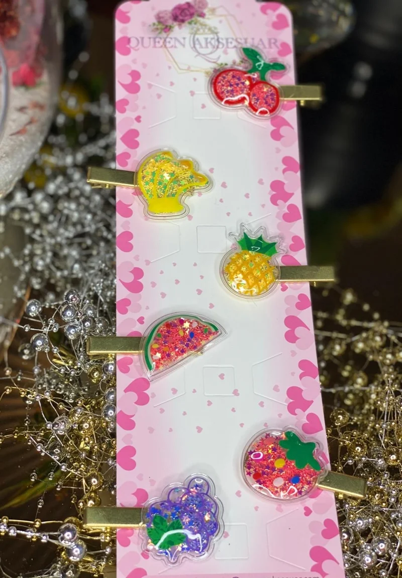 Queen Aksesuar Queen Accessory Movable Sequin Set of 6 Fruit Buckles Watermelon Pineapple Strawberry Banana Cherry Grape