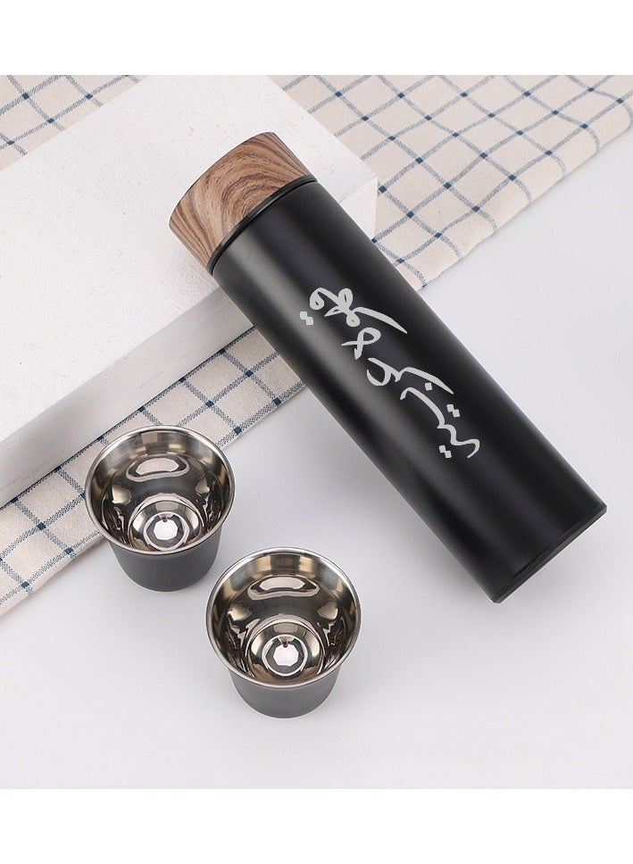 3pcs القهوة القدح مجموعة، 1pc 400ml الفولاذ المقاوم للصدأ زجاجة ماء مع 2pcs 80ml الكؤوس، معزول بهلوان مع غطاء الحبوب الخشبية، العربية القهوة الترمس، جيدة للقهوة والشاي والهدايا - Image 5