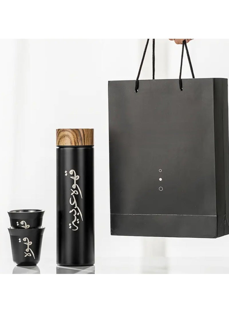 3pcs القهوة القدح مجموعة، 1pc 400ml الفولاذ المقاوم للصدأ زجاجة ماء مع 2pcs 80ml الكؤوس، معزول بهلوان مع غطاء الحبوب الخشبية، العربية القهوة الترمس، جيدة للقهوة والشاي والهدايا - Image 3