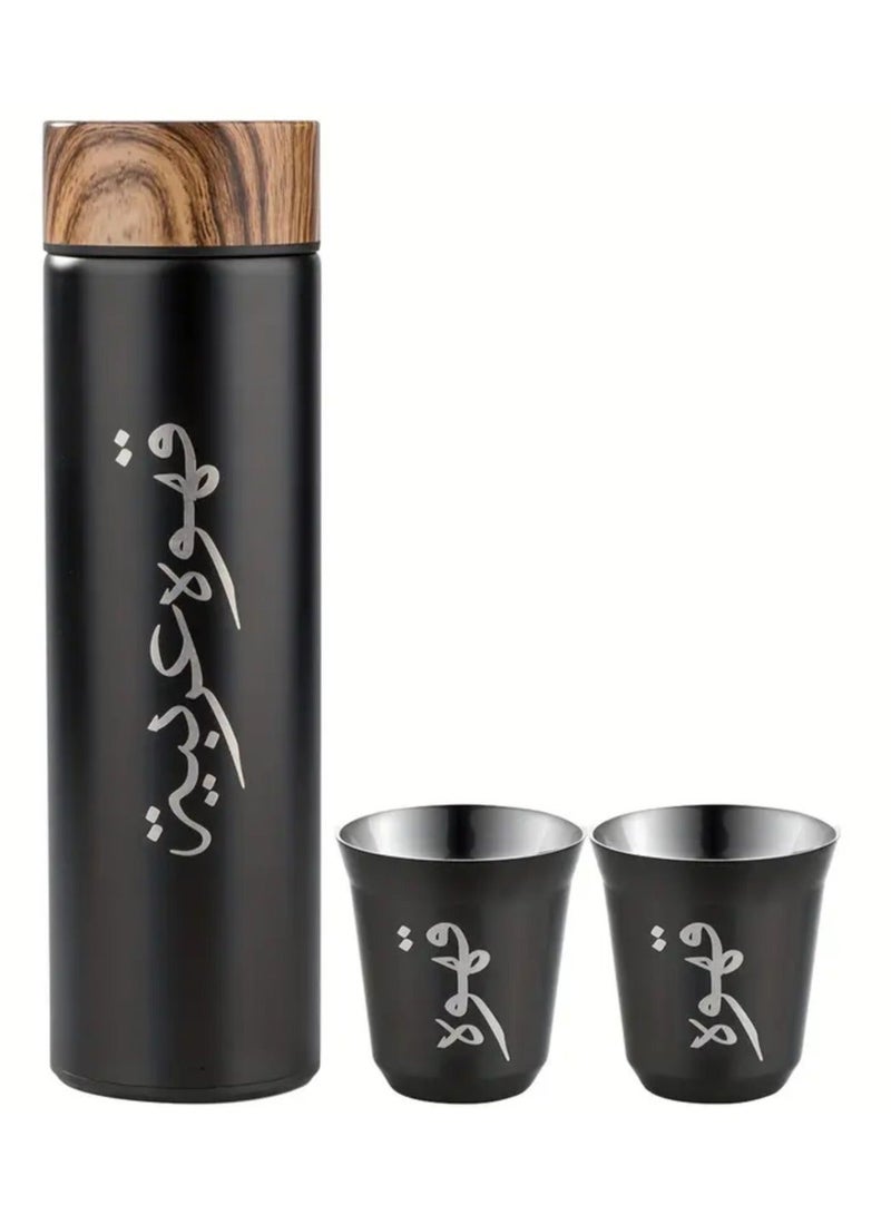3pcs القهوة القدح مجموعة، 1pc 400ml الفولاذ المقاوم للصدأ زجاجة ماء مع 2pcs 80ml الكؤوس، معزول بهلوان مع غطاء الحبوب الخشبية، العربية القهوة الترمس، جيدة للقهوة والشاي والهدايا - Image 4