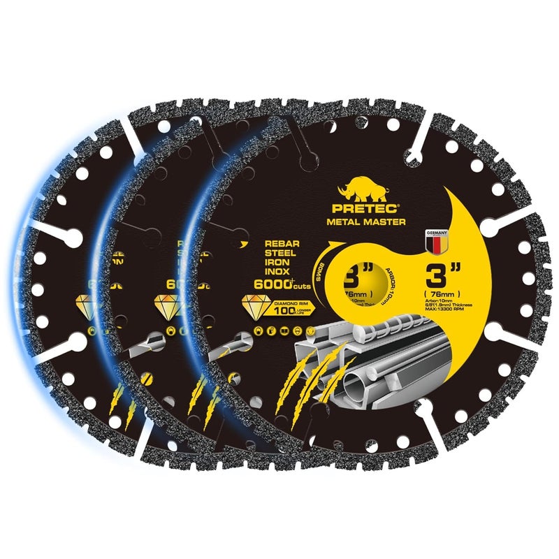 PRETEC Diamond Cut Off Wheels 3 Inch, Angle Grinder Cutting Disc with 3/8" Arbor, Die Grinder 3 Cut Off Wheels with 6000+ Cuts on Rebar, Steel, Iron and INOX (3 Pack) - Image 1