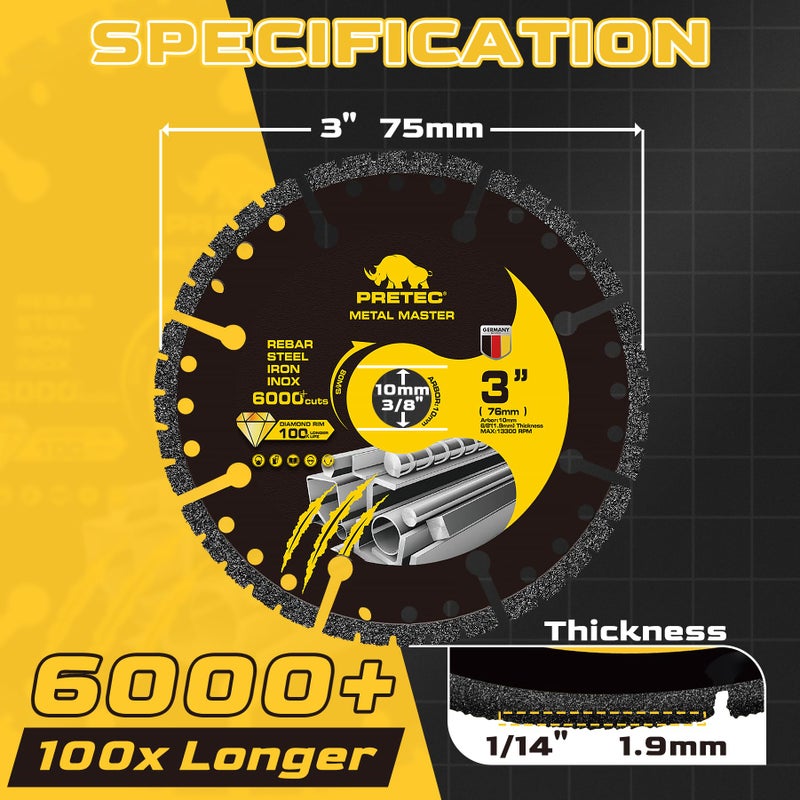 PRETEC Diamond Cut Off Wheels 3 Inch, Angle Grinder Cutting Disc with 3/8" Arbor, Die Grinder 3 Cut Off Wheels with 6000+ Cuts on Rebar, Steel, Iron and INOX (3 Pack) - Image 5