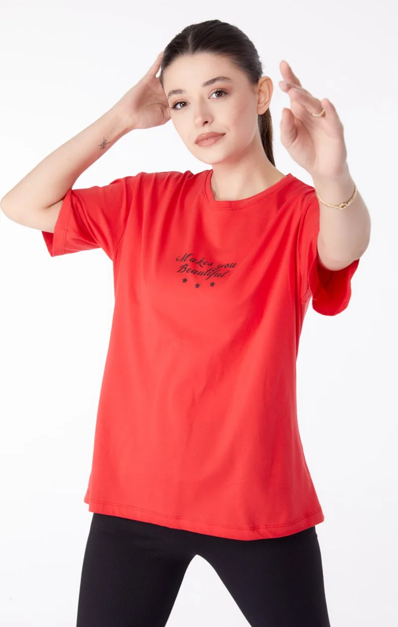 Tofisa Plain Crew Neck Women's Red Printed Short Sleeve T-Shirt - 25393