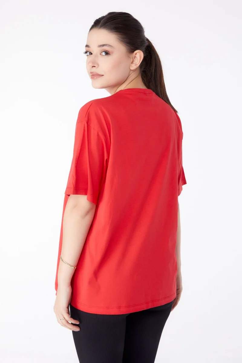 Tofisa Plain Crew Neck Women's Red Printed Short Sleeve T-Shirt - 25393