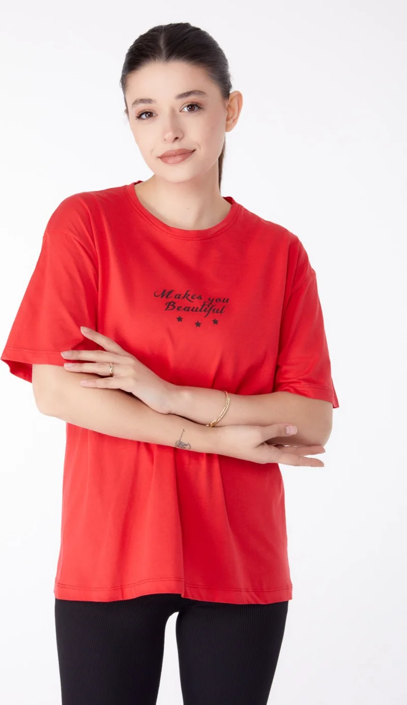 Tofisa Plain Crew Neck Women's Red Printed Short Sleeve T-Shirt - 25393