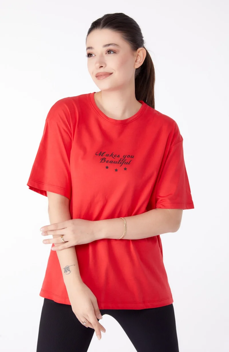 Tofisa Plain Crew Neck Women's Red Printed Short Sleeve T-Shirt - 25393