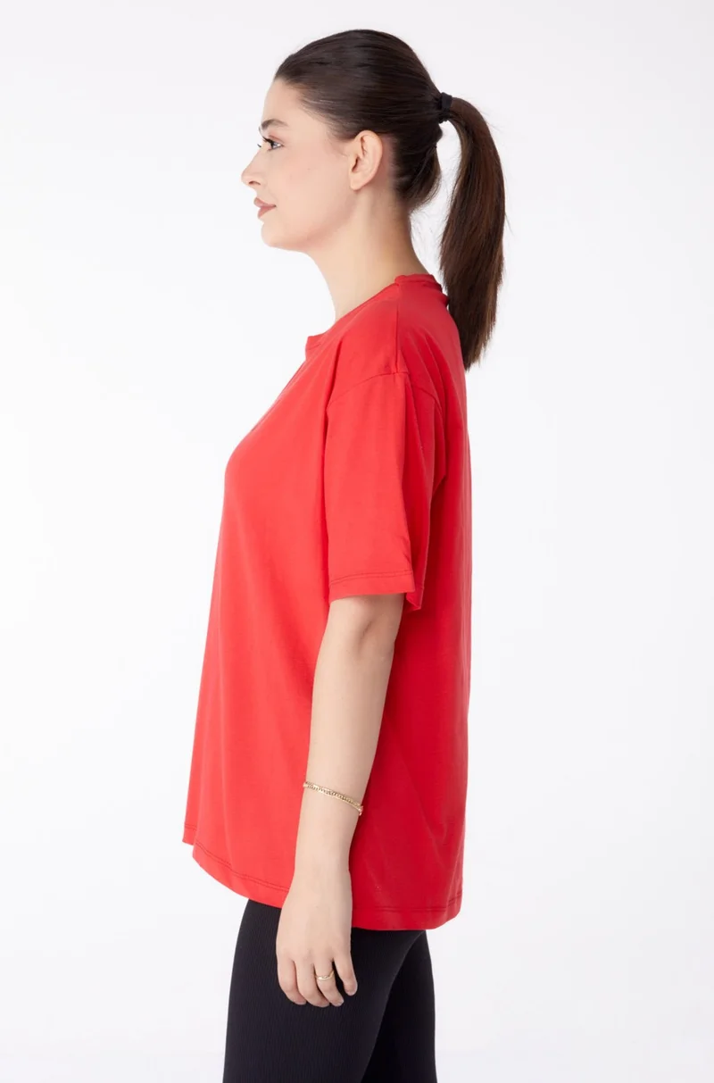Tofisa Plain Crew Neck Women's Red Printed Short Sleeve T-Shirt - 25393