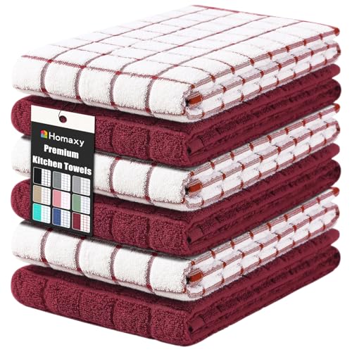 Homaxy Premium Cotton Kitchen Towels 16x 28 Large Natural Ring Spun 390 GSM Dish Towels Super Absorbent Terry Kitchen Hand Towels Soft Tea Towels with Hanging Loop Red Check Design6 Pack - Image 1
