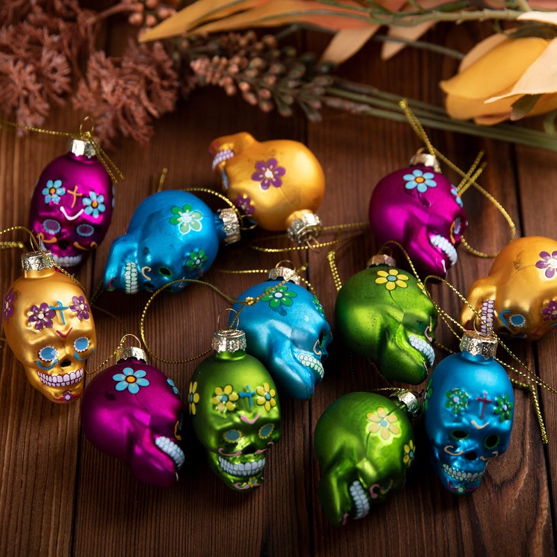 Watayo Watayo 12 PCS Day of The Dead Glass Ornaments-Dia De Los Muertos Sugar Skull Ornaments-Halloween Hanging Skeleton Head Decorations for Party Xmas Tree Decoration - Image 4