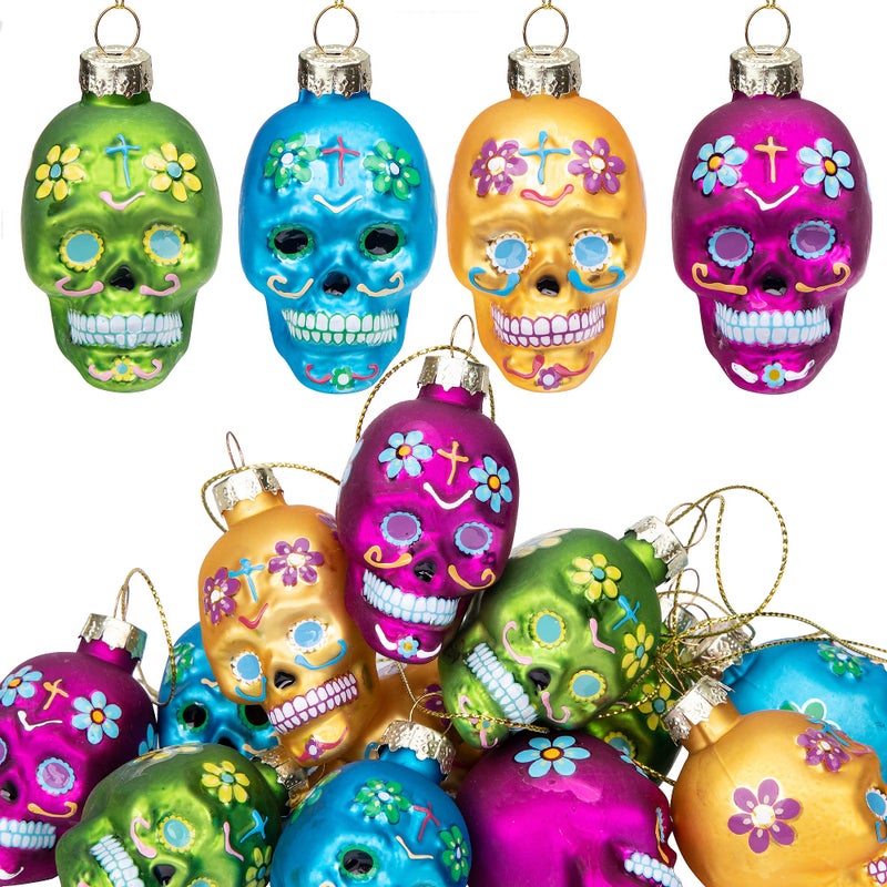 Watayo Watayo 12 PCS Day of The Dead Glass Ornaments-Dia De Los Muertos Sugar Skull Ornaments-Halloween Hanging Skeleton Head Decorations for Party Xmas Tree Decoration - Image 1