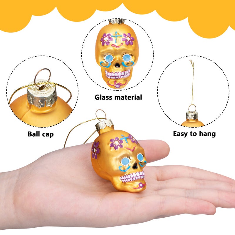 Watayo Watayo 12 PCS Day of The Dead Glass Ornaments-Dia De Los Muertos Sugar Skull Ornaments-Halloween Hanging Skeleton Head Decorations for Party Xmas Tree Decoration - Image 3