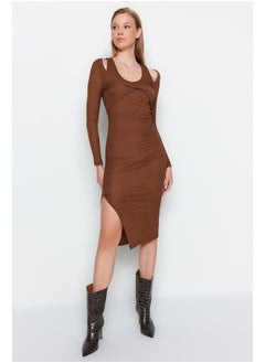 Brown Textured Fitted Midi Bolero Detailed, Flexible Knit Dress TWOAW24EL00760.