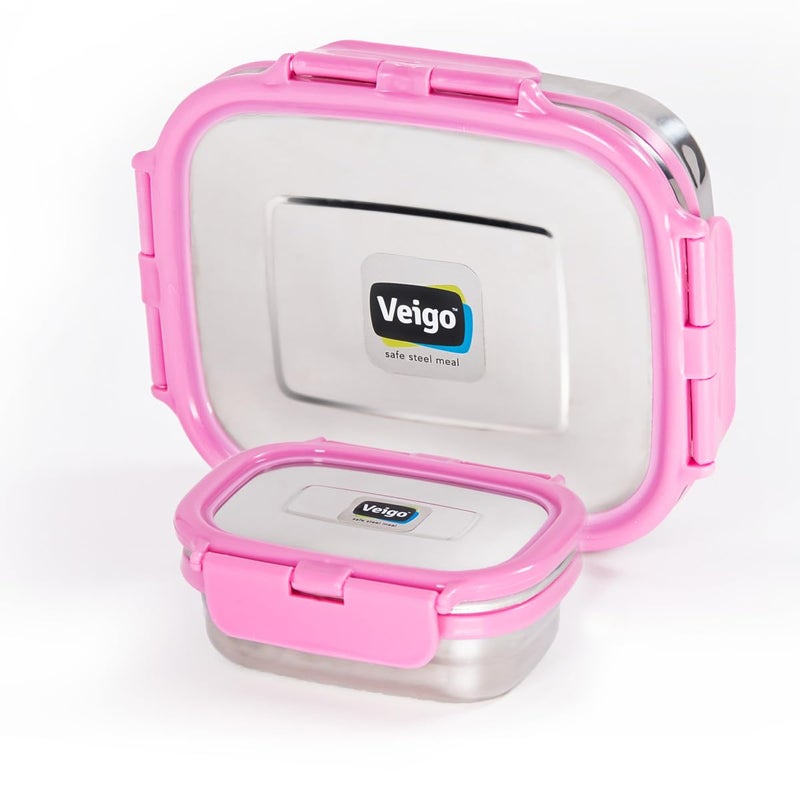 Veigo Veigo Set of 2 1 Stainless Steel Airtight Lunch Box 630 ML 1 Leakproof Condiment Container 180 ML Large Small Box with Silicone Ring Secure Lid Lock Freezer Dishwasher Safe Pink  - Image 1