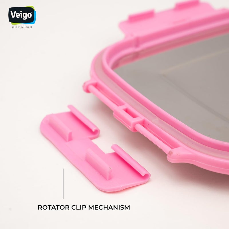 Veigo Veigo Set of 2 1 Stainless Steel Airtight Lunch Box 630 ML 1 Leakproof Condiment Container 180 ML Large Small Box with Silicone Ring Secure Lid Lock Freezer Dishwasher Safe Pink  - Image 4