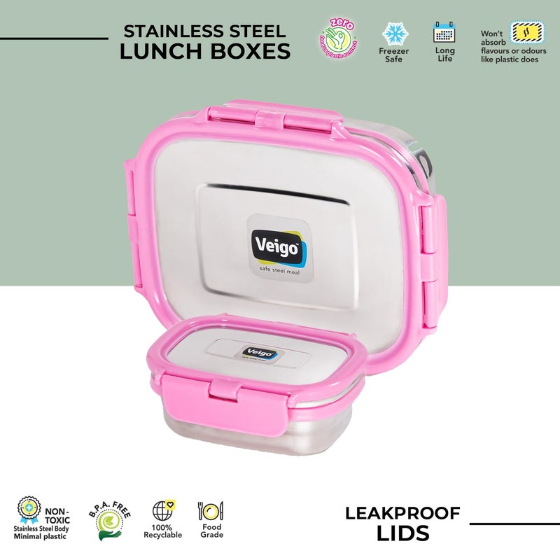 Veigo Veigo Set of 2 1 Stainless Steel Airtight Lunch Box 630 ML 1 Leakproof Condiment Container 180 ML Large Small Box with Silicone Ring Secure Lid Lock Freezer Dishwasher Safe Pink  - Image 2
