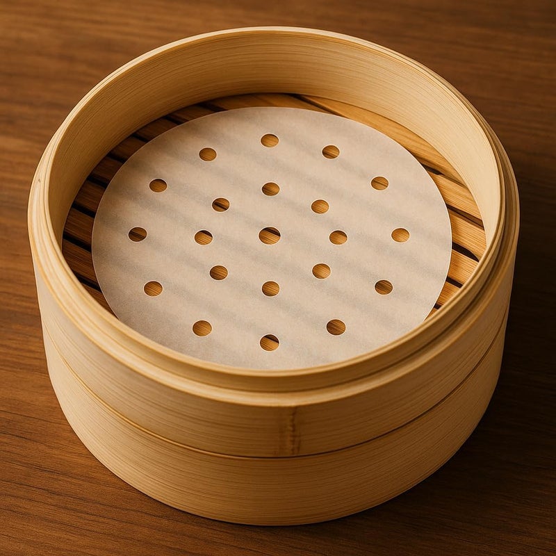 BYKITCHEN Air Fryer Parchment Paper, Set of 200, 8 inch Steamer Liners/Perforated Round Air Fryer Sheet Filter Liners/Dumpling Bamboo Steamer Paper for Airfryer, Steaming Basket and More - Image 3