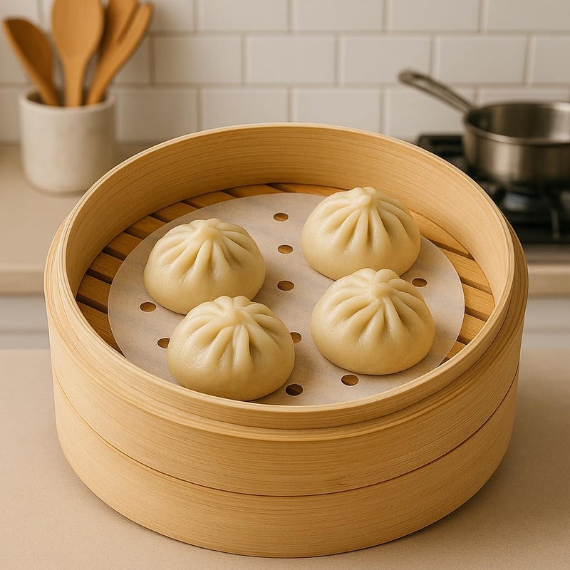 BYKITCHEN Air Fryer Parchment Paper, Set of 200, 8 inch Steamer Liners/Perforated Round Air Fryer Sheet Filter Liners/Dumpling Bamboo Steamer Paper for Airfryer, Steaming Basket and More - Image 4