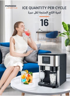 porodo 3 in1 multifunctional Ice Maker with Crusher and Cold-Water Dispenser 18Kg in 24 Hours ,2 size Ice cube modes (Bullet & Crushed), 2L Water Tank, Touch Button LCD Display,145W - Black  - Image 3