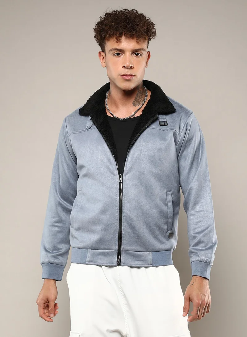 Campus Sutra Men's Grey Zip-Front Jacket With Fleece Detail