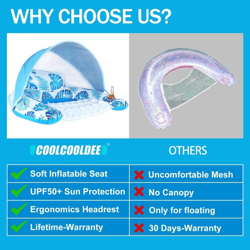 COOLCOOLDEE Pool Float with Canopy for Adults - XL Inflatable Lounge Chair with Adjustable Sun Shade Cover, Drink Cup Holder, Ergonomic Headrest - Image 4