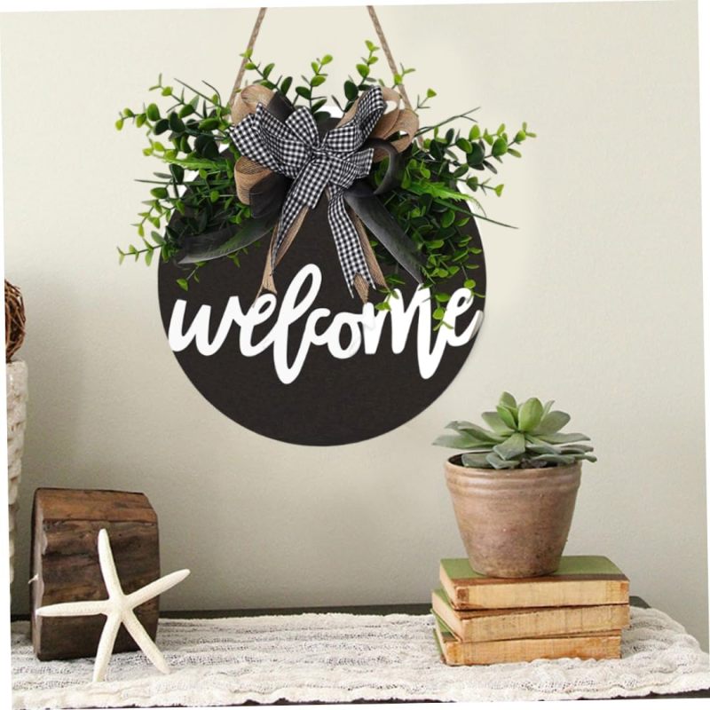 Round Wood Welcome Sign: 12-Inch Black Solid Wood - Rustic Farmhouse Charm Hanging Wreaths Sign for Front Door Porch Home Business Decor - Image 4