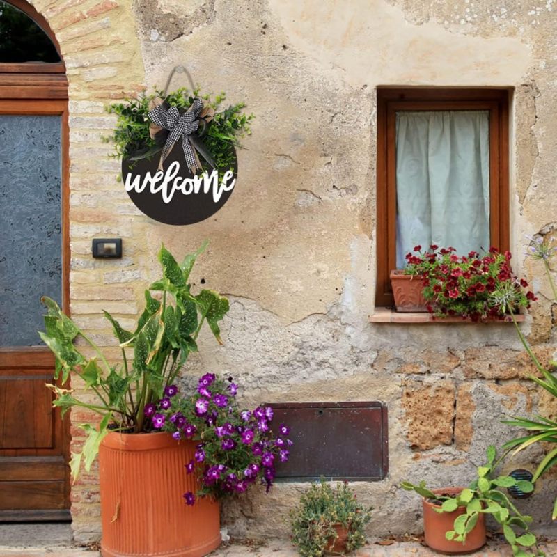 Round Wood Welcome Sign: 12-Inch Black Solid Wood - Rustic Farmhouse Charm Hanging Wreaths Sign for Front Door Porch Home Business Decor - Image 5