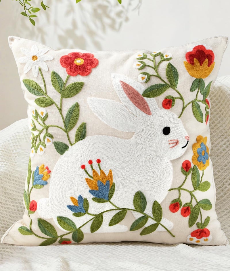 Kokaaee Embroidered Throw Pillow Cover 18x18 Inch - Easter Spring Boho Decorative Animal Pillow Covers with Zipper for Couch Sofa Bedroom Living Room Cushion Pillowcase, Rabbit Floral - Image 1