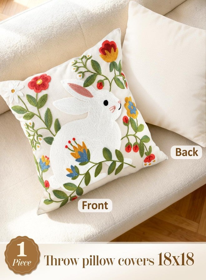 Kokaaee Embroidered Throw Pillow Cover 18x18 Inch - Easter Spring Boho Decorative Animal Pillow Covers with Zipper for Couch Sofa Bedroom Living Room Cushion Pillowcase, Rabbit Floral - Image 4