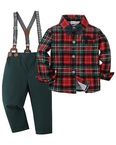 DISAUR Toddler Boy Wedding Guest Outfit Short Sleeve Christmas Red Plaid Flower Dress Shirt Bow Tie Suspender Green Pants Baby Formal Outfit Boy 3t 4t 34t - Image 1