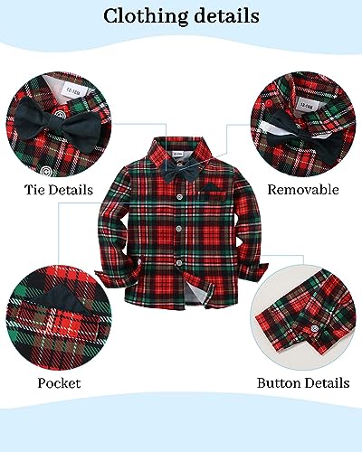 DISAUR Toddler Boy Wedding Guest Outfit Short Sleeve Christmas Red Plaid Flower Dress Shirt Bow Tie Suspender Green Pants Baby Formal Outfit Boy 3t 4t 34t - Image 3