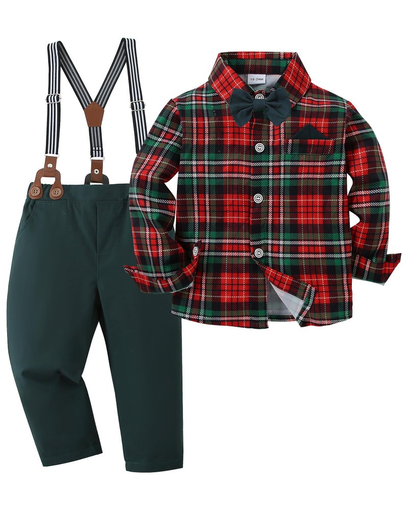 DISAUR Toddler Boy Wedding Guest Outfit Short Sleeve Christmas Red Plaid Flower Dress Shirt Bow Tie Suspender Green Pants Baby Formal Outfit Boy 3t 4t 34t - Image 2