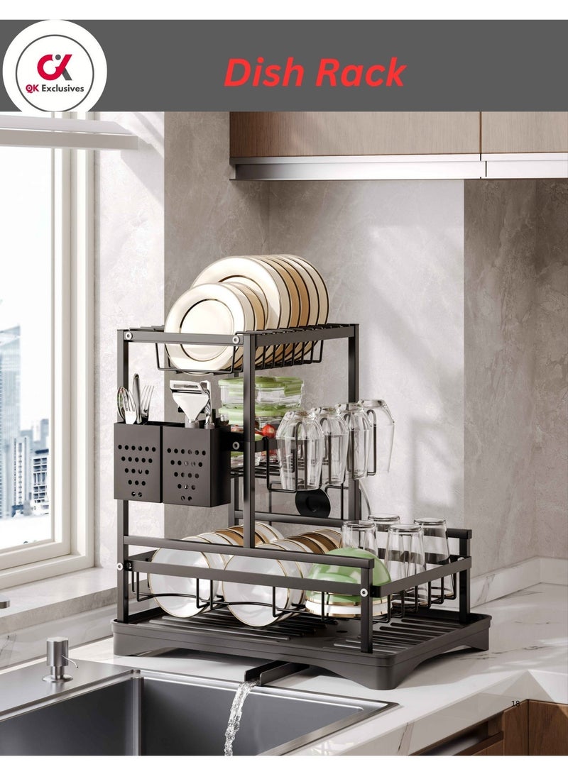QK Exclusives 2-Tier Dish Rack with Splash Guard and 360° Rotating Drainer - Stainless Steel Dish Rack for Kitchen Counter with Utensil Holder, Cutting Board Holder, and Drainboard Tray - Image 5