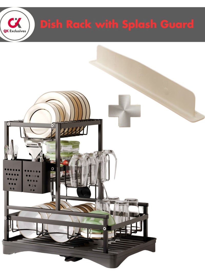 QK Exclusives 2-Tier Dish Rack with Splash Guard and 360° Rotating Drainer - Stainless Steel Dish Rack for Kitchen Counter with Utensil Holder, Cutting Board Holder, and Drainboard Tray - Image 1