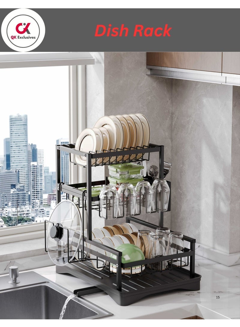 QK Exclusives 2-Tier Dish Rack with Splash Guard and 360° Rotating Drainer - Stainless Steel Dish Rack for Kitchen Counter with Utensil Holder, Cutting Board Holder, and Drainboard Tray - Image 2