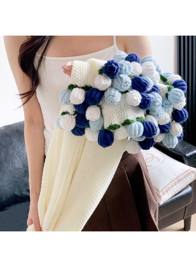 سكت شيكترو بطانية باقة ورود منسوجة، هدية بطانية نوم، بطانية بيج مزينة بأزهار زرقاء، 160 سم - Image 1