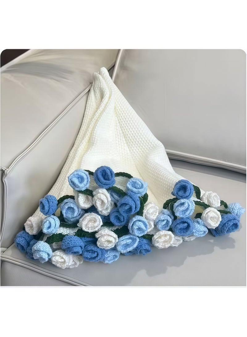 سكت شيكترو بطانية باقة ورود منسوجة، هدية بطانية نوم، بطانية بيج مزينة بأزهار زرقاء، 160 سم - Image 3