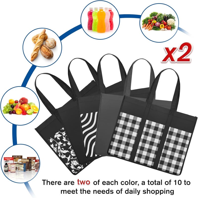 WISELIFE Reusable Grocery Shopping Bags 10 Pack Large Foldable Tote Bags Bulk, Eco Produce Bags with Long Handle for Shopping Groceries Clothes (Plaid D) - Image 3