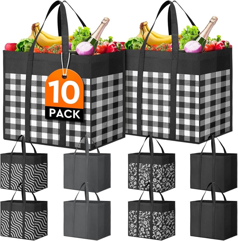 WISELIFE Reusable Grocery Shopping Bags 10 Pack Large Foldable Tote Bags Bulk, Eco Produce Bags with Long Handle for Shopping Groceries Clothes (Plaid D) - Image 1