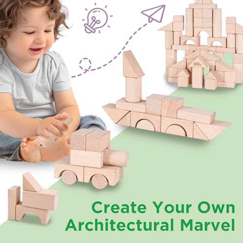 iPlay, iLearn Kid Wooden Building Block Set, Toddler Natural Wood Block Montessori Learning Toy, Large Hardwood Stacking Brick Castle Unit, Preschool Classroom Gift 2 3 4 5 6 8 Year Old Boy Girl Child - Image 3