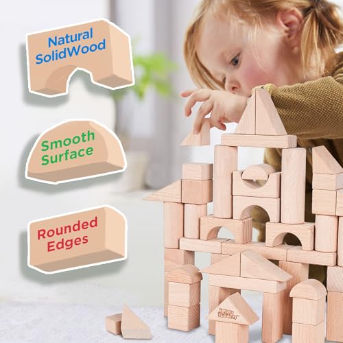 iPlay, iLearn Kid Wooden Building Block Set, Toddler Natural Wood Block Montessori Learning Toy, Large Hardwood Stacking Brick Castle Unit, Preschool Classroom Gift 2 3 4 5 6 8 Year Old Boy Girl Child - Image 2