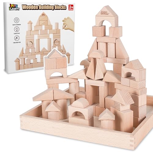 iPlay, iLearn Kid Wooden Building Block Set, Toddler Natural Wood Block Montessori Learning Toy, Large Hardwood Stacking Brick Castle Unit, Preschool Classroom Gift 2 3 4 5 6 8 Year Old Boy Girl Child - Image 1