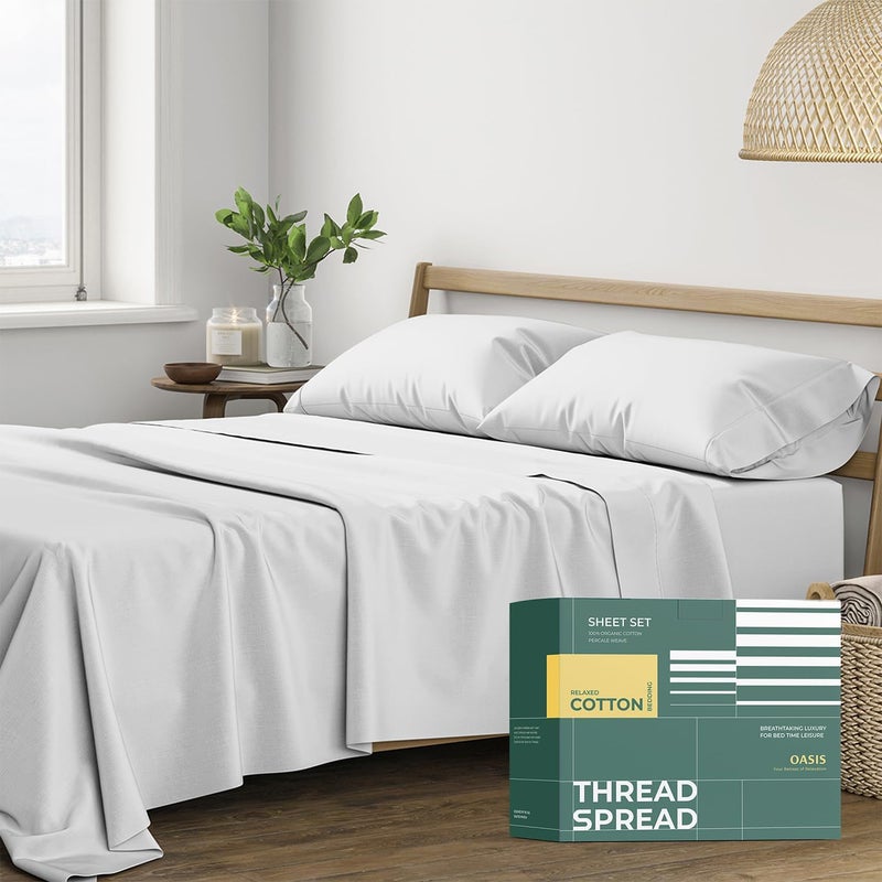 THREAD SPREAD 100% Organic Cotton Sheets Full Size - 4 PC Organic Cotton Full Size Percale Weave Sheet Set, Soft, Cooling, Crisp & Breathable, 16" Deep Pocket Hotel Quality Bedding Set - Light Grey - Image 1