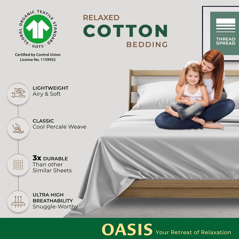 THREAD SPREAD 100% Organic Cotton Sheets Full Size - 4 PC Organic Cotton Full Size Percale Weave Sheet Set, Soft, Cooling, Crisp & Breathable, 16" Deep Pocket Hotel Quality Bedding Set - Light Grey - Image 5