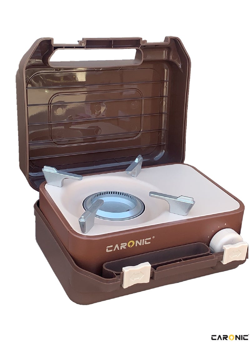 CARONIC Portable Camping Gas Stove Double Burner Outdoor Automatic Ignition System Enamel Pan Support Brown  - Image 3