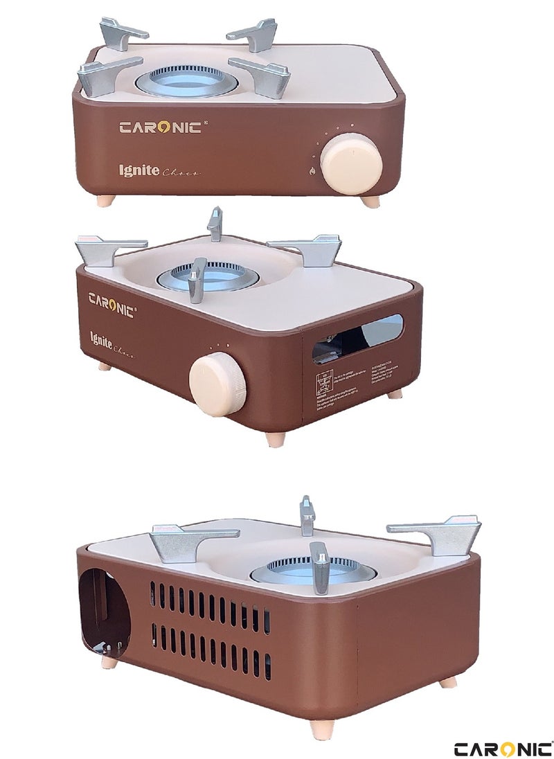 CARONIC Portable Camping Gas Stove Double Burner Outdoor Automatic Ignition System Enamel Pan Support Brown  - Image 5