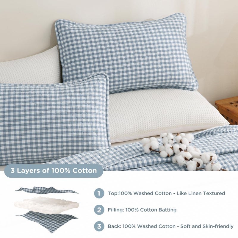 TOCOMOA Blue Gingham Quilt Bedding Set 100% Washed Cotton Bedspread Coverlet Like Linen Feel Soft Comfy Breathable 3 Piece Plaid Checkered Lightweight Comforter Set for All Season, Queen 96"x90" - Image 3