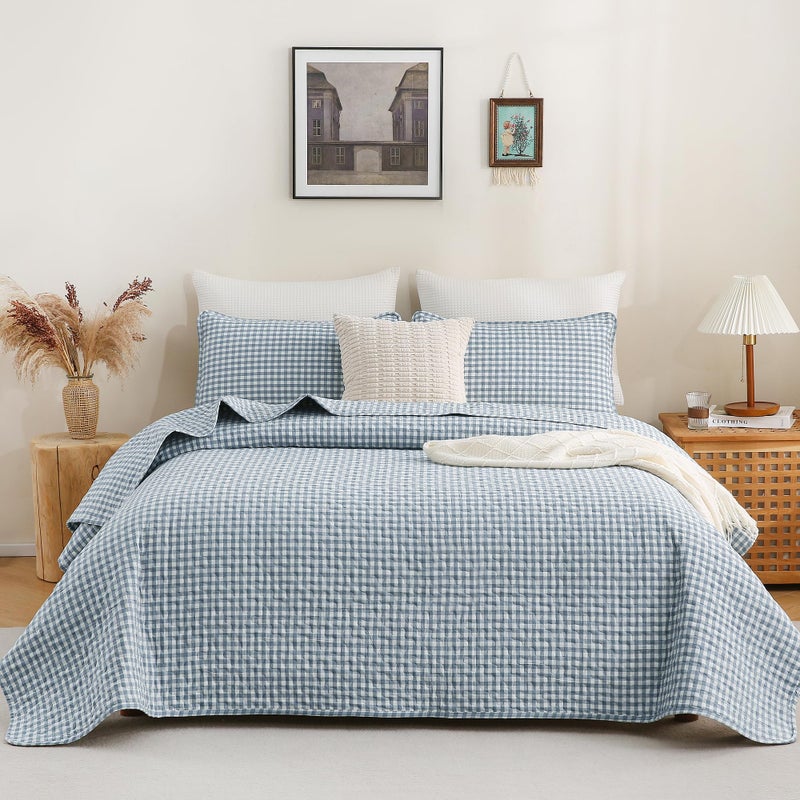 TOCOMOA Blue Gingham Quilt Bedding Set 100% Washed Cotton Bedspread Coverlet Like Linen Feel Soft Comfy Breathable 3 Piece Plaid Checkered Lightweight Comforter Set for All Season, Queen 96"x90" - Image 4