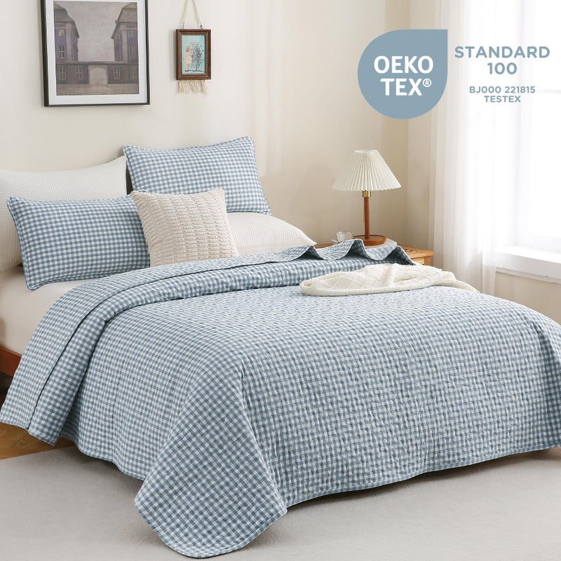TOCOMOA Blue Gingham Quilt Bedding Set 100% Washed Cotton Bedspread Coverlet Like Linen Feel Soft Comfy Breathable 3 Piece Plaid Checkered Lightweight Comforter Set for All Season, Queen 96"x90" - Image 2